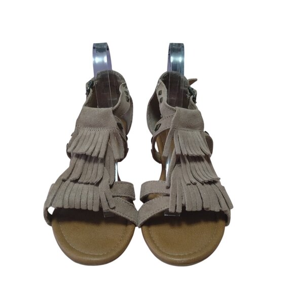 Minnetonka Women's 8 Taupe Suede Merriam Fringe Studded Wedge Strappy Sandals - Picture 2 of 8